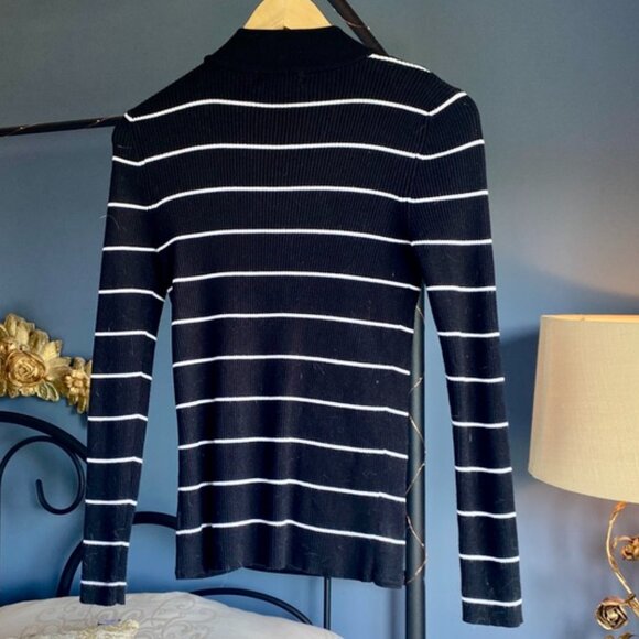 Black w White Stripes Stretchy Mock Turtleneck Sweater - Picture 3 of 6